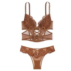 VS DREAM ANGELS Boho embroidered floral bra top & Brazilian panty set toffee
